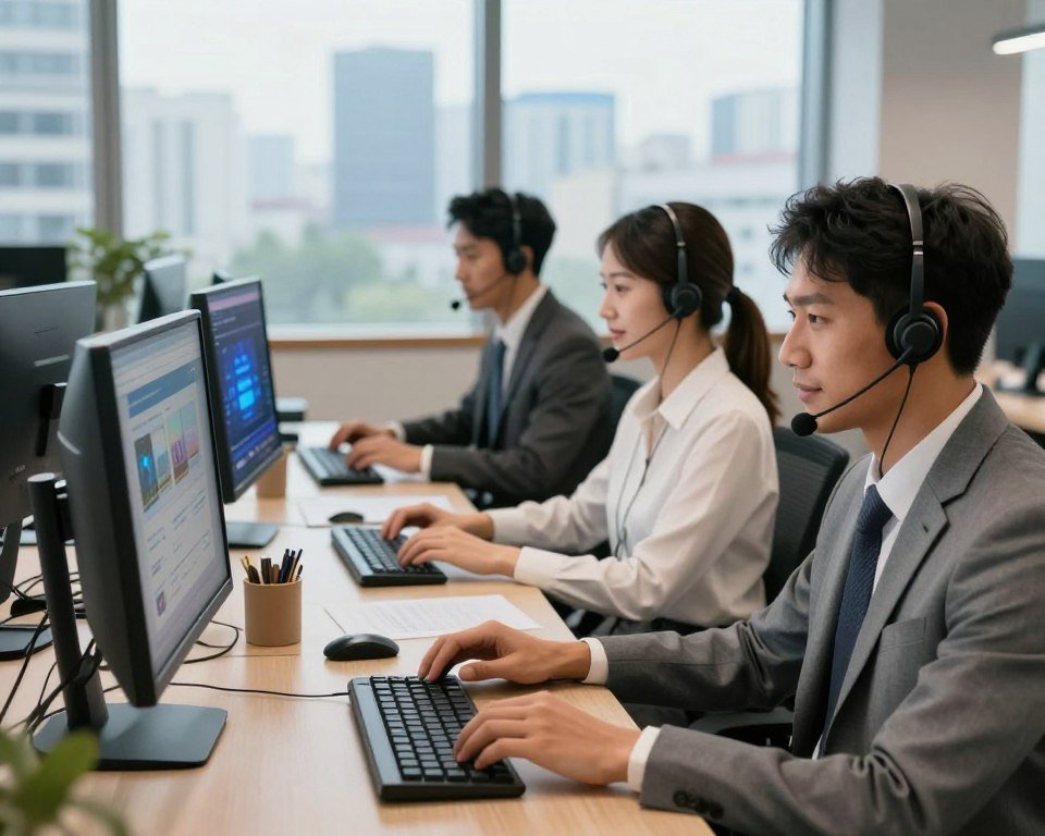 A modern office environment dedicated to customer support, showcasing a professional team assisting clients. In the foreground, a diverse group of three customer service representatives, dressed in smart business attire, interact with clients via headsets and computer screens, projecting attentiveness and professionalism. In the middle ground, a high-tech support center with multiple computer stations, showing various digital interfaces related to IPTV services. The background features large windows with a cityscape view, letting in soft, natural light that illuminates the workspace, creating an inviting atmosphere. The mood is friendly and efficient, emphasizing a commitment to 24/7 customer assistance. The composition captures a sense of teamwork and dedication to client satisfaction, with warm tones and clear details.