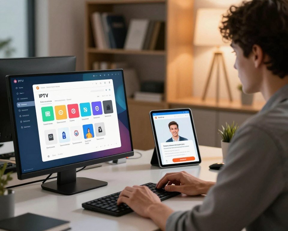 A modern office environment featuring a tech-savvy person sitting at a sleek desk, focused on a computer displaying the IPTV activation process. In the foreground, highlight a user-friendly interface with colorful icons representing IPTV features. In the middle ground, include a tablet or smartphone showing a customer support chat about IPTV issues, with a friendly client representative's image visible. The background should depict shelves lined with books on technology and customer service, illuminated by warm office lighting to create an inviting atmosphere. Use a slight tilt-angle to add depth, ensuring the mood is professional and engaging, emphasizing clarity and simplicity in the activation process.