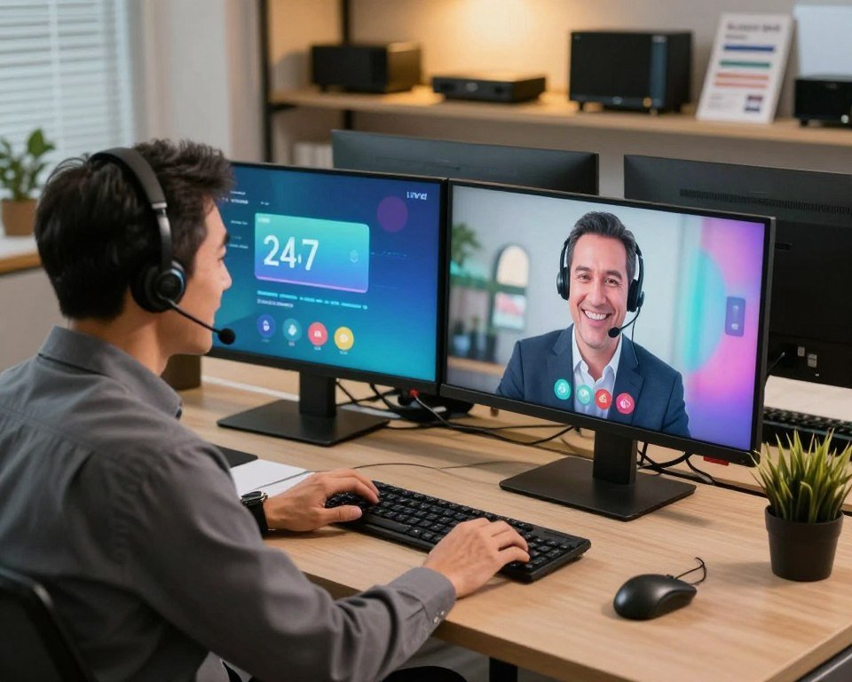 A modern office environment showcasing a friendly client support representative. In the foreground, the representative, a middle-aged man in professional attire, is intently engaged in a video call on a sleek computer with a headset, displaying positive body language. In the middle ground, a well-organized workspace with a dual-monitor setup, featuring colorful IPTV graphics on screen, symbolizes technical support. The background reveals shelves filled with IPTV devices and brochures, along with soft lighting that creates a warm, inviting atmosphere. The overall mood conveys professionalism and readiness to assist, emphasizing 24/7 customer support capabilities. Use a slightly elevated angle to capture the entire scene. A modern office environment showcasing a friendly client support representative. In the foreground, the representative, a middle-aged man in professional attire, is intently engaged in a video call on a sleek computer with a headset, displaying positive body language. In the middle ground, a well-organized workspace with a dual-monitor setup, featuring colorful IPTV graphics on screen, symbolizes technical support. The background reveals shelves filled with IPTV devices and brochures, along with soft lighting that creates a warm, inviting atmosphere. The overall mood conveys professionalism and readiness to assist, emphasizing 24/7 customer support capabilities. Use a slightly elevated angle to capture the entire scene.