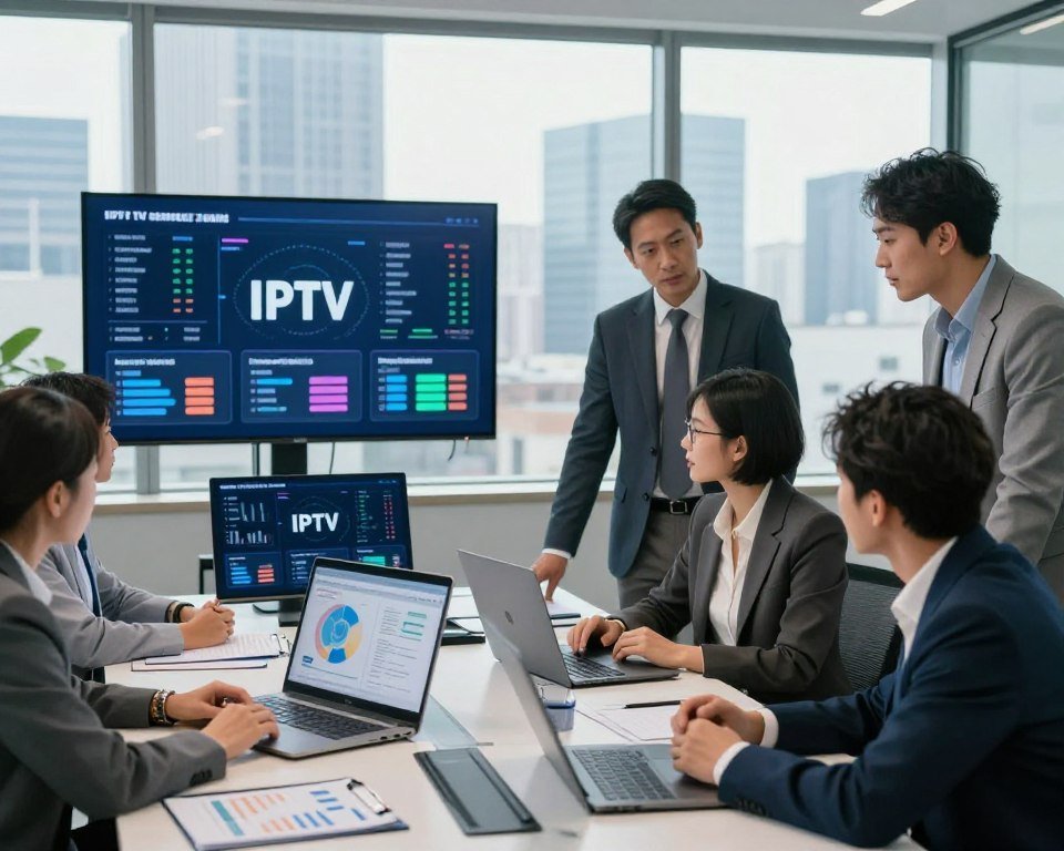 A modern office environment showcasing a professional analysis of digital television market offers. In the foreground, a diverse group of business professionals, in business attire, are gathered around a sleek conference table, examining charts and digital devices displaying IPTV subscription options. In the middle, various digital screens show detailed graphs and statistics about the TV market. The background features a large window with a city skyline view, illuminated by natural daylight, creating a bright and productive atmosphere. The scene conveys a sense of collaboration and thoughtful discussion, emphasizing the importance of informed decisions in the IPTV market. The composition should be captured with a slight depth of field to focus on the professionals’ engaged expressions.
