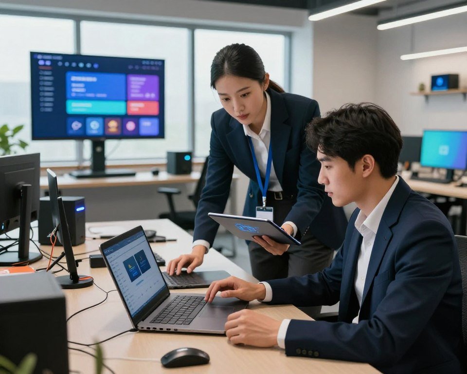 A modern office environment showcasing a professional male and female technician engaged in a rapid activation service for IPTV. In the foreground, the technicians are focused, wearing smart business attire, using a laptop and a tablet to troubleshoot and activate devices. The middle ground features sleek, modern furniture and a large screen displaying IPTV menus and settings. The background includes a well-lit workspace with tech gadgets and vibrant colors, suggesting a dynamic atmosphere. Soft, natural lighting from large windows creates an inviting ambiance. Capture the urgency and professionalism of a fast-paced tech environment with different angles that highlight teamwork and efficient service.