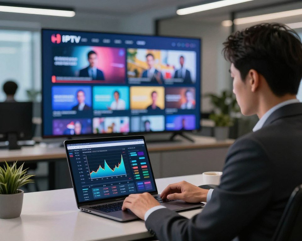 A modern office setting featuring a high-definition television displaying vibrant, crystal-clear IPTV content. In the foreground, a professional in business attire sits at a sleek desk, intently examining the quality metrics of the streaming service on a laptop, which shows detailed graphs and charts. The middle layer includes the television screen, glowing with vivid colors and dynamic visuals that showcase the excellence of IPTV streaming. The background portrays a subtle yet sophisticated office environment with soft ambient lighting, highlighting a calming, productive atmosphere. The scene is captured from a slightly elevated angle to emphasize the connection between the user and the technology, conveying a sense of professionalism and dedication to quality service.