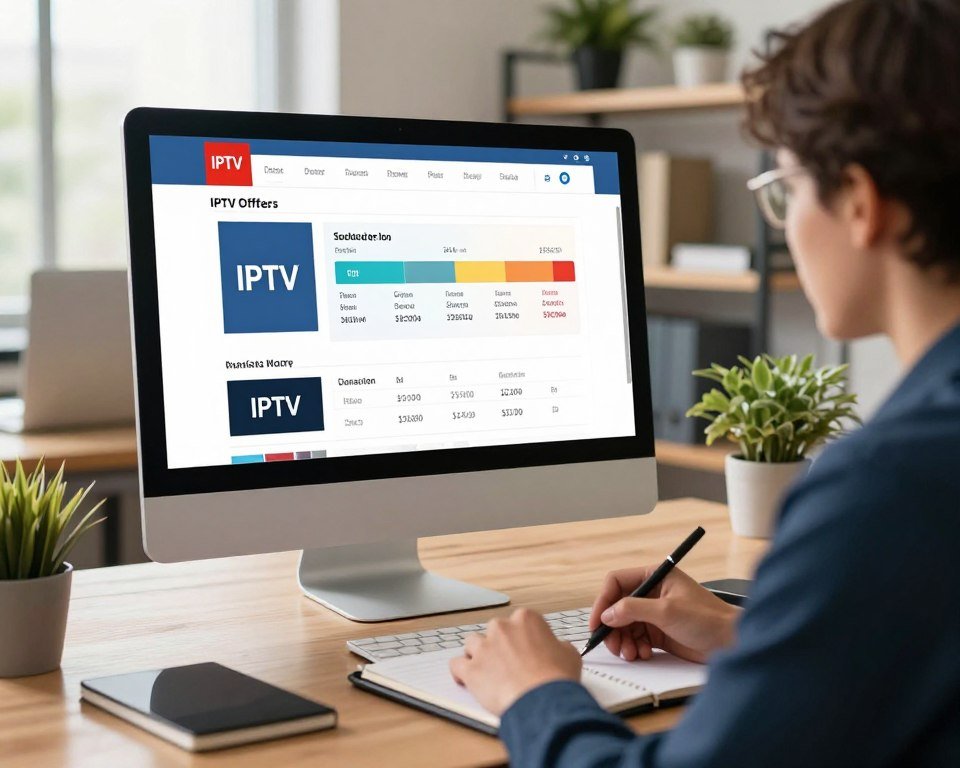 A modern office setting focusing on a stylish desktop with a computer displaying a comparison chart of IPTV offers. In the foreground, a business professional in a smart attire, engaged with the screen, taking notes on a tablet. The middle layer showcases a clear, detailed infographic featuring various IPTV subscription options, benefits, and pricing, all visually appealing and easy to interpret. The background includes soft-focus elements like shelves with books and plants, creating a productive atmosphere. Warm, natural lighting comes from a nearby window, highlighting the subject and the screen. The mood is informative and professional, emphasizing reliability and clarity in the IPTV purchasing process.