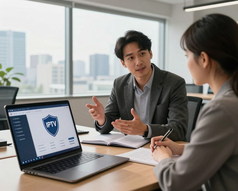 A modern office setting highlighting IPTV security and legality. In the foreground, a professional-looking laptop displays streaming options, surrounded by legal documents and a shield symbol to represent protection and compliance. In the middle, an open notebook with written notes on IPTV legality, next to a confident businessperson in smart casual attire, discussing with a colleague. The background features a large window with a cityscape view, creating a sense of transparency and trust. Warm, natural light floods the room, adding to the inviting atmosphere. The overall mood is focused and professional, illustrating the themes of security, legal compliance, and customer assurance in IPTV services.