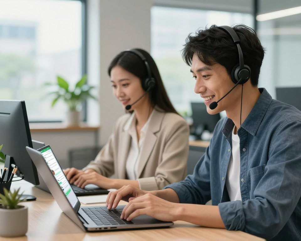 A modern office setting showcasing a responsive customer support environment. In the foreground, a professional-looking male and female customer support representative, both in smart casual attire, are focused on their laptops while smiling. They are engaging with clients via WhatsApp, with their screens displaying a chat interface. In the middle ground, there are plants and minimalistic furniture, enhancing the contemporary feel of the office. The background features large windows letting in soft, natural daylight, creating a warm and inviting atmosphere. The lighting is bright yet soft, emphasizing clarity and professionalism. The overall mood is friendly and approachable, embodying excellent customer service and timely assistance.