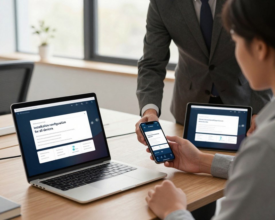 A modern office setup showcasing "installation configuration for all devices." In the foreground, a sleek laptop with the IPTV Smarters Pro interface visible on the screen, surrounded by a smartphone and tablet, all displaying the same application interface. The middle ground features a professional, dressed-in-business-attire person, focused on connecting the devices, embodying a sense of expertise and efficiency. The background has a minimalistic office environment with large windows allowing soft, natural light to illuminate the scene, creating a warm and inviting atmosphere. The angle is slightly above eye level, providing a clear overview of the configuration process, emphasizing the seamless integration across devices. The image conveys a mood of professionalism and technological advancement.