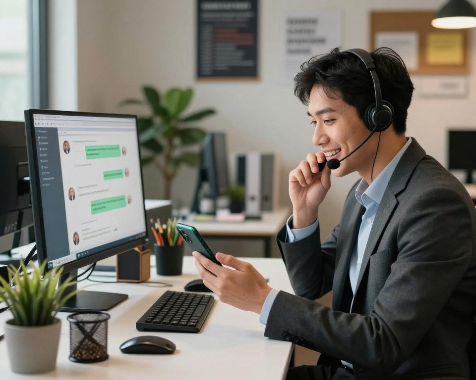 A modern, professional office environment showcasing a customer support representative in business attire, engaged in a vibrant conversation via WhatsApp on a sleek smartphone. The foreground features the representative smiling and looking attentive, sitting at a stylish desk cluttered with tech gadgets and support paraphernalia. In the middle ground, include a computer screen showing a customer inquiry chat, emphasizing the responsive nature of the support. The backdrop reveals a well-lit, organized workspace with motivational posters and greenery. Soft, warm lighting enhances the atmosphere, conveying a sense of professionalism and approachability. The angle focuses on the representative, capturing their expression of dedication and readiness to assist clients effortlessly.