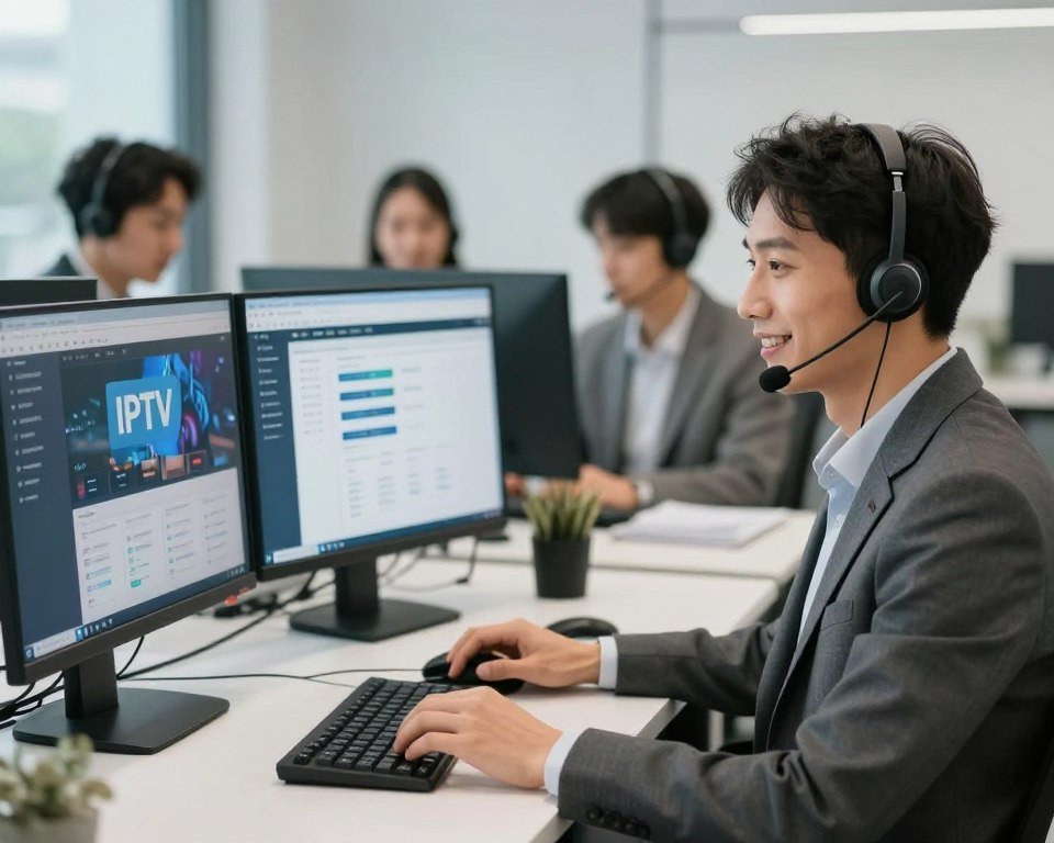 A modern, professional support center, with a friendly customer service representative at the forefront, interacting with a client via headset. The representative is dressed in smart business attire, exuding approachability and expertise. The middle ground showcases a clean, organized workspace with multiple computer screens displaying IPTV interfaces and support tools. In the background, a softly blurred environment reveals a team of professionals collaborating, highlighting a dynamic, proactive support team. The lighting is bright and inviting, emphasizing a sense of openness and responsiveness. The overall mood is reassuring and efficient, evoking trust and reliability in customer support services. The scene is framed with a slight depth of field, focusing on the representative while keeping the supporting elements visible but secondary.