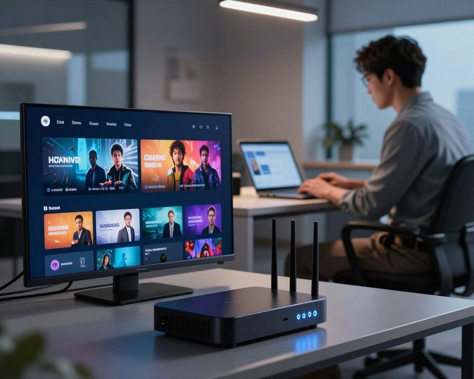 A modern, secure IPTV setup in a sleek, professional environment. In the foreground, a high-tech digital device displaying vibrant streaming content on a large, high-definition screen. Next to it, a secure router with glowing indicators symbolizing robust security features. In the middle ground, a person in business casual attire is interacting with a laptop, showing focus and engagement with the content. The background features a stylish office space with soft ambient lighting, creating a sense of technological advancement and security. The scene is captured from a slightly elevated angle to emphasize the professionalism and high-quality nature of the service. The mood is calm but dynamic, highlighting reliability and innovation in digital streaming.
