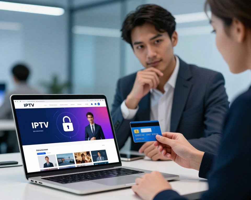 A modern, secure online payment interface representing IPTV services. In the foreground, a sleek laptop displays a vibrant IPTV platform interface with streaming options, and a digital lock symbol signifying security. In the middle ground, a confident professional in smart business attire is reviewing the payment details, a thoughtful expression on their face, holding a credit card ready to process the transaction. The background features a softly blurred office environment with a calming blue hue, emphasizing a focus on safety and technology. The lighting is bright and inviting, highlighting the professionalism of the scene. The atmosphere conveys trust and reliability in digital payments, essential for IPTV services. A modern, secure online payment interface representing IPTV services. In the foreground, a sleek laptop displays a vibrant IPTV platform interface with streaming options, and a digital lock symbol signifying security. In the middle ground, a confident professional in smart business attire is reviewing the payment details, a thoughtful expression on their face, holding a credit card ready to process the transaction. The background features a softly blurred office environment with a calming blue hue, emphasizing a focus on safety and technology. The lighting is bright and inviting, highlighting the professionalism of the scene. The atmosphere conveys trust and reliability in digital payments, essential for IPTV services.