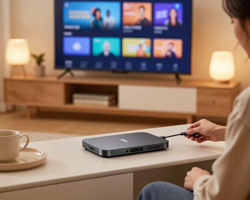 A modern, simplified IPTV installation scene set in a cozy living room. In the foreground, a slim, sleek Android TV box is placed on a stylish media console with minimalist decor. An individual, dressed in smart casual attire, is connecting cables, showcasing easy installation steps. The middle ground features a large flat-screen TV displaying an intuitive interface, highlighting the ease of use. The background includes soft, ambient lighting from lamps, creating a welcoming atmosphere. The overall color palette is warm and inviting, emphasizing comfort and simplicity. The camera angle is slightly elevated, capturing the action and the organized space without distractions. The mood is relaxed and professional, illustrating user-friendly technology in everyday life.