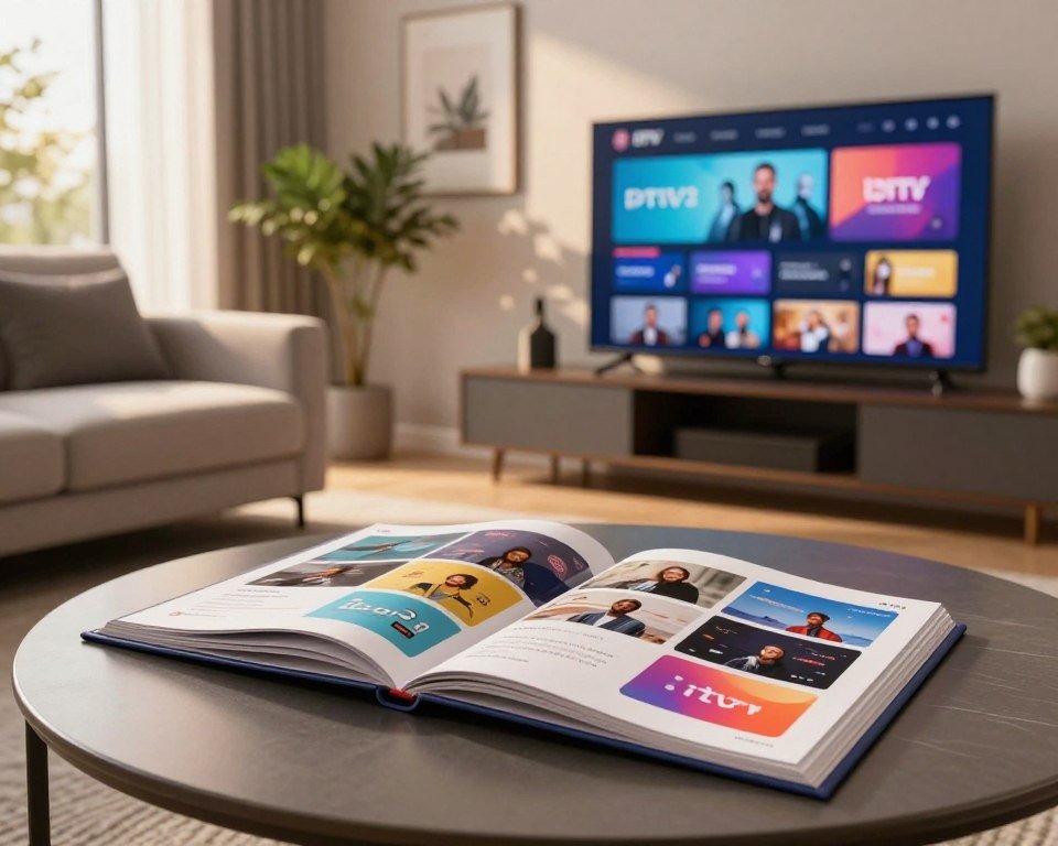 A modern, sleek IPTV service catalog displayed prominently on a stylish coffee table in a sophisticated home setting. In the foreground, focus on an open catalog featuring vibrant images of various IPTV channels and packages, elegantly laid out with colorful graphics. In the middle ground, showcase a minimalist living room with a plush sofa and a large TV screen displaying a user-friendly interface of the IPTV service, casting a soft glow. In the background, highlight contemporary decor such as potted plants and artwork, creating an inviting atmosphere. The lighting is warm and inviting, simulating late afternoon sunlight filtering through large windows, enhancing the comfortable and reliable mood of the scene.