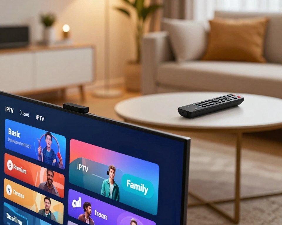 A modern, sleek digital display showcasing various IPTV subscription packages. In the foreground, a close-up of a high-resolution screen featuring colorful icons representing different IPTV channels and plans, with details like "Basic", "Premium", and "Family" plans highlighted. In the middle ground, a stylish table with a remote control and a comfortable sofa, suggesting a cozy living room setup. The background features a well-decorated home environment with soft, ambient lighting creating a warm atmosphere. The overall mood is inviting and professional, emphasizing relaxation and modern technology. The image should be bright and clear, with cinematic lighting to accentuate the details, and taken from an eye-level angle to create an engaging perspective.