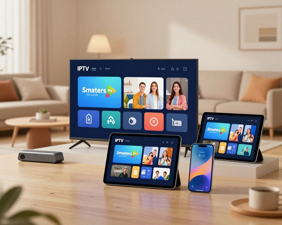 A modern, sleek digital interface displaying the IPTV Smarters Pro application on multiple devices, including a smart TV, tablet, and smartphone, arranged in a dynamic layout to showcase compatibility across platforms. The foreground features the devices with clean, glossy screens reflecting the app's vibrant interface. In the middle, a stylized workspace setting with a comfortable sofa, a coffee table, and soft lighting creates a welcoming atmosphere. The background consists of a cozy living room with minimalistic décor, emphasizing a family-friendly environment. Use warm, inviting colors with soft focus lighting to enhance a sense of ease and accessibility. Capture the scene from a slightly elevated angle to showcase all devices prominently, ensuring clarity and detail in the technology featured.