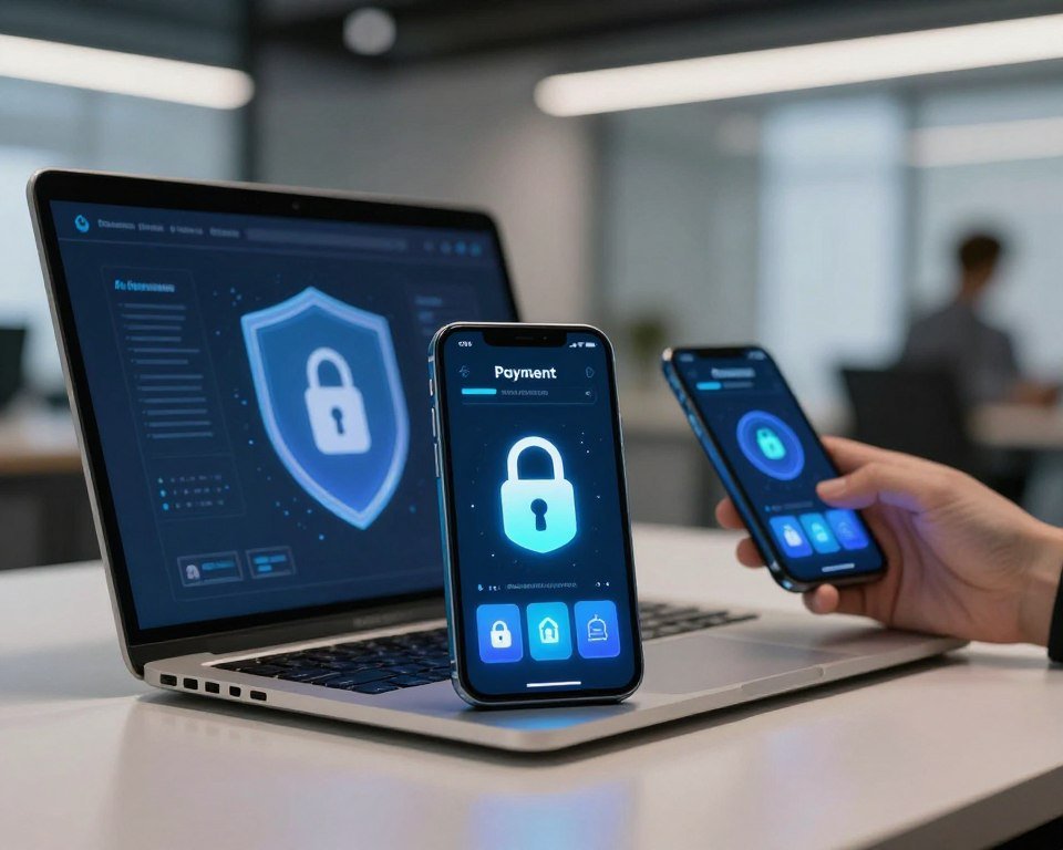 A modern, sleek digital payment interface prominently displayed in the foreground, featuring a secure payment symbol such as a lock or shield to signify safety. In the middle ground, a stylish laptop and a smartphone show financial transactions occurring, with vibrant, glowing keys displaying cybersecurity icons. The background features a blurred, contemporary office setting with soft, ambient lighting that enhances a sense of professionalism and trust. The overall atmosphere is one of security and confidence, inviting users to engage in safe online payments. The image captures a clear, focused perspective, emphasizing the importance of secure payment methods in the digital age.