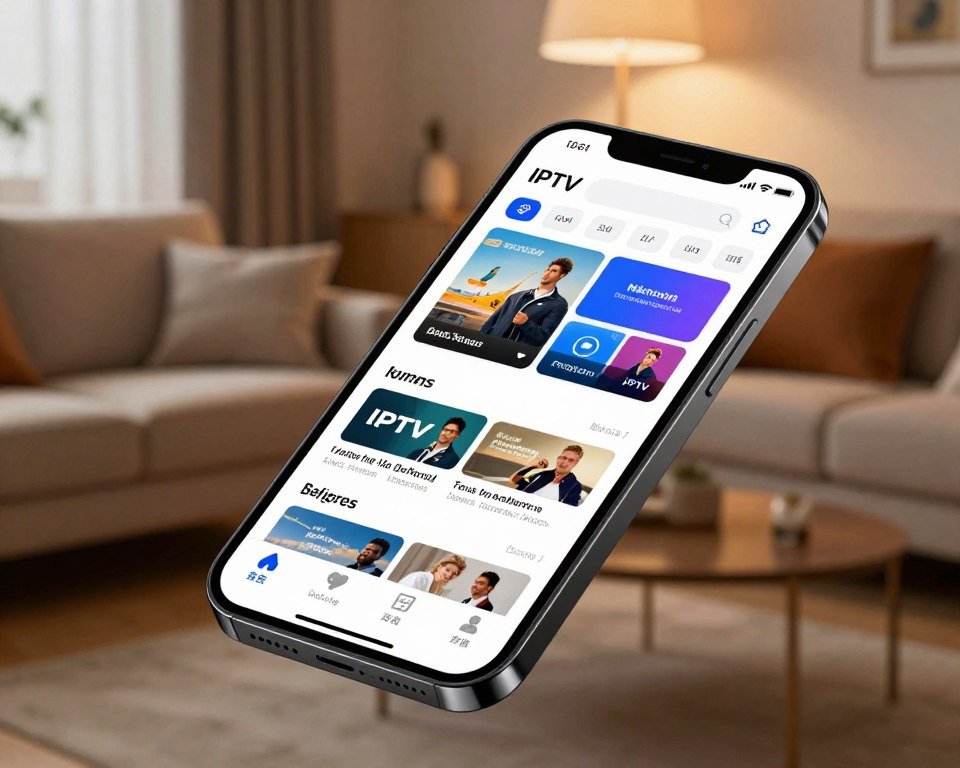 A modern, sleek iOS application interface showcasing IPTV features on an Apple device. The foreground highlights an iPhone with a vibrant, user-friendly design displaying various IPTV channel options and streaming content. The middle ground includes a cozy living room environment with a stylish couch and ambient lighting, illustrating a comfortable viewing experience. In the background, soft-focus decorations give a sense of relaxation and modern lifestyle. The lighting is warm and inviting, creating a welcoming atmosphere. Capture this image from a slightly elevated angle to emphasize the device and the interior setting, evoking a sense of convenience and enjoyment of IPTV services for iOS users.