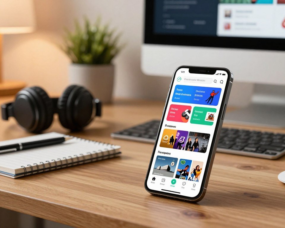A modern, sleek iPhone displaying the IPTV Smarters Pro app interface, placed on a stylish wooden desk. In the foreground, the phone's screen shows a vibrant, user-friendly layout of the app, featuring colorful channel icons and a smooth navigation bar. The middle ground includes a pair of neatly arranged headphones and a notepad with a pen, suggesting an engaged user exploring the app. The background softly captures a cozy home setting with warm lighting, a small plant, and a computer monitor displaying IPTV connection settings. The atmosphere is inviting and focused, reflecting a productive installation and configuration process for the app. The image should convey a sense of clarity and simplicity, emphasizing user-friendly technology.