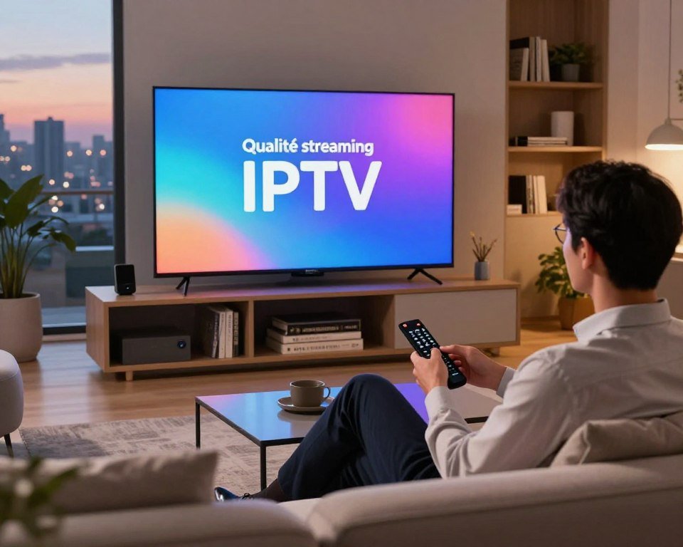 A modern, sleek living room setting with a vibrant large-screen TV displaying the logo of "Qualité streaming IPTV," surrounded by cozy furniture. In the foreground, a person in professional business attire sits comfortably on a couch, holding a remote control with a focused expression. Soft, ambient lighting fills the room, creating a warm and inviting atmosphere. The middle section features a stylish bookshelf filled with media and technology-related items. In the background, a window reveals a serene view of a city skyline at dusk, adding depth to the scene. The overall mood is one of contentment and high-tech sophistication, highlighting the reliability and quality of IPTV services.