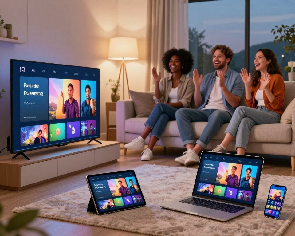 A modern, sleek living room showcasing multiple devices seamlessly streaming IPTV. In the foreground, a stylish smart TV displays a vibrant menu interface. To the side, a tablet and a laptop are open, exhibiting the same content. A smartphone rests nearby, mirroring the live feed. The middle ground features a comfortable sofa where a diverse group of three individuals (one Black woman, one Caucasian man, one Hispanic woman), dressed in smart casual attire, engage with the devices, sharing laughter and excitement. The background reveals a cozy, well-lit environment with soft, warm lighting emphasizing a welcoming atmosphere. A large window hints at dusk outside, casting a gentle glow. The overall mood is inviting and engaging, highlighting the concept of multi-device compatibility and support.