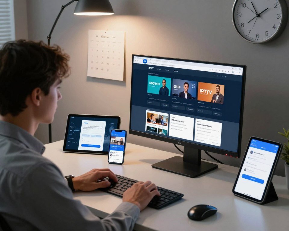 A modern, sleek office environment focused on application updates and maintenance for a streaming application. In the foreground, a professional individual in business attire is seated at a desk, attentively examining a high-resolution computer screen displaying the application interface, symbolizing the update process. The middle ground features various tech gadgets, like a smartphone and a tablet, displaying streaming content and update notifications. The background showcases a minimalistic wall with a calendar and clock, indicating time management. Soft overhead lighting casts a warm glow, creating an atmosphere of productivity and innovation. The angle is slightly overhead, focusing on the tech in use, emphasizing the importance of software maintenance for an IPTV solution.