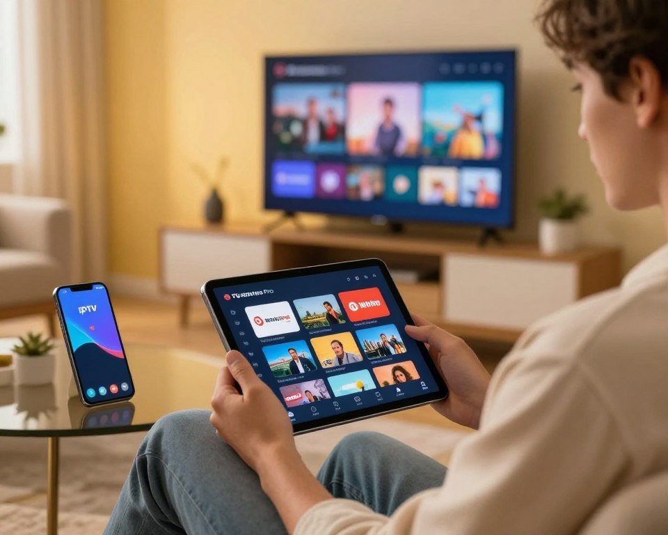 A modern, sleek smartphone and a tablet displaying the IPTV Smarters Pro application interface. In the foreground, visually engaging icons showcasing various TV channels are clearly visible on both devices. The middle ground features a young professional in smart casual attire, comfortably using the tablet while sitting in a cozy, well-lit living room, illuminated by soft yellow ambient lighting. In the background, a stylish entertainment setup includes a large TV screen mirroring content from the devices. The composition conveys a sense of ease and modern technology, with the atmosphere being relaxed and inviting, highlighting the convenience of watching television on portable devices. The image should be captured with a shallow depth of field, focusing on the devices and user.