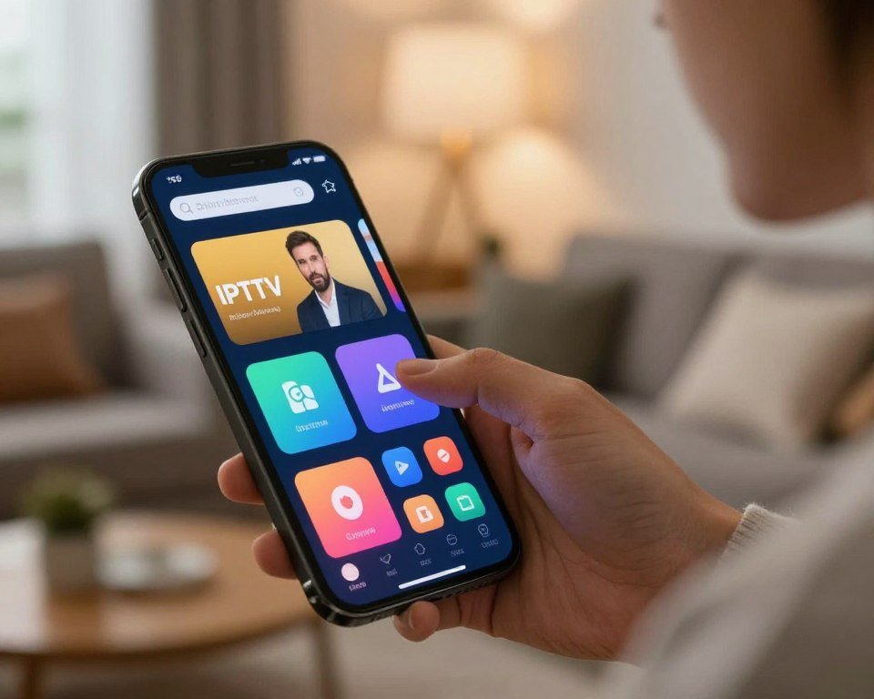A modern, sleek user interface design showcasing an intuitive navigation experience for an IPTV application. In the foreground, depict a smartphone displaying a visually appealing interface with large, easy-to-navigate icons and vibrant colors. The middle ground features a user tapping on the screen, dressed in professional casual attire, reflecting engagement with the app. The background includes a softly blurred living room setting, with warm lighting that suggests a cozy atmosphere. Use a shallow depth of field to emphasize the smartphone and user interaction while keeping the surroundings subtly in focus. The overall mood should be inviting and user-friendly, emphasizing simplicity and efficiency in navigating the application.