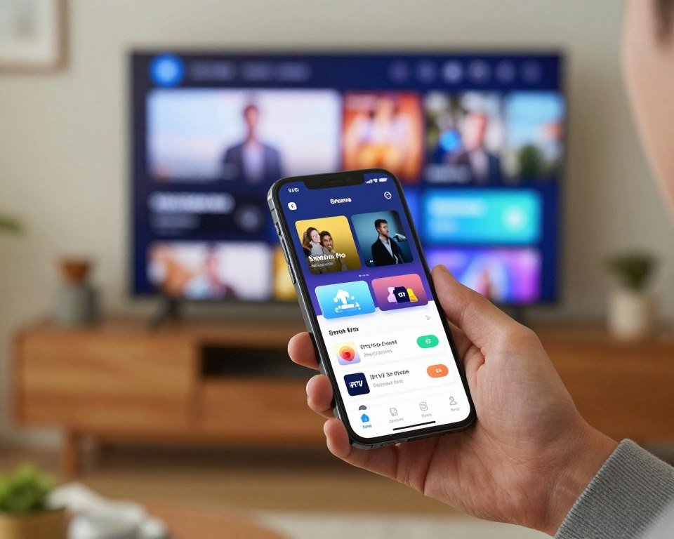 A modern, sleek user interface of IPTV Smarters Pro displayed on an iPhone held in a person’s hand, showcasing its advantages. The foreground features the iPhone prominently, with the app's colorful interface partially visible. The middle layer includes a blurred action of a cozy living room with a large TV streaming content, hinting at an immersive viewing experience. In the background, soft lighting creates a warm and inviting atmosphere. The scene is enhanced with a subtle bokeh effect, emphasizing the focal point on the phone. Capture a sense of innovation and accessibility in the technology. The mood reflects excitement and convenience, and the person is dressed in professional casual attire, ensuring a clean and safe visual representation.