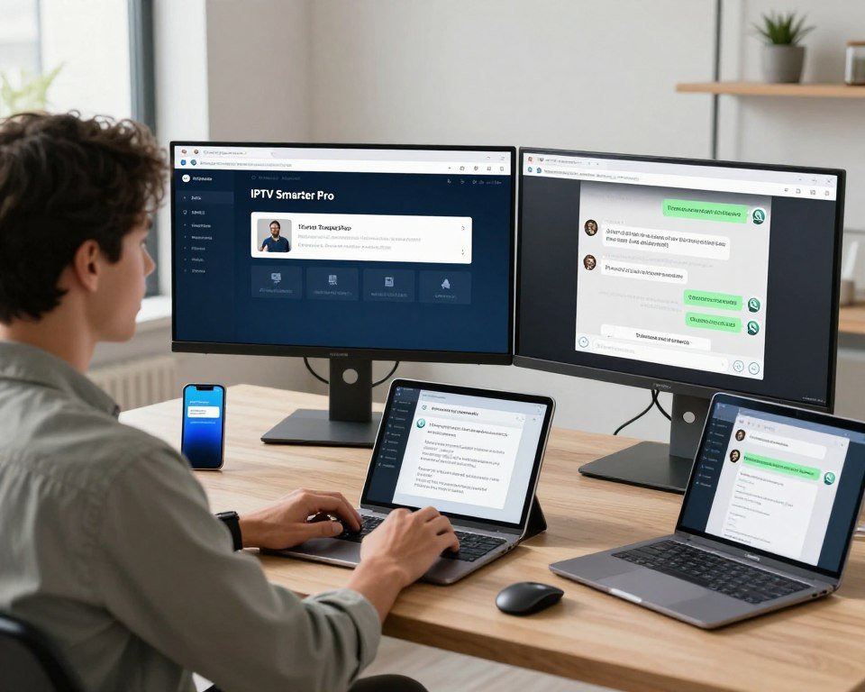 A modern, sleek workspace featuring a dual-screen setup with one screen displaying the IPTV Smarter Pro interface and the other showing a WhatsApp chat conversation. In the foreground, a business professional in modest casual attire, intently focused on the screens, is exchanging messages about configuration requirements. The middle layer showcases a variety of devices, including a smartphone, tablet, and laptop, symbolizing cross-platform compatibility. In the background, a well-lit room with minimalist decor and soft natural light entering through a window creates an inviting and productive atmosphere. The image conveys a sense of innovation and connectivity, emphasizing the seamless integration of technology across multiple platforms.