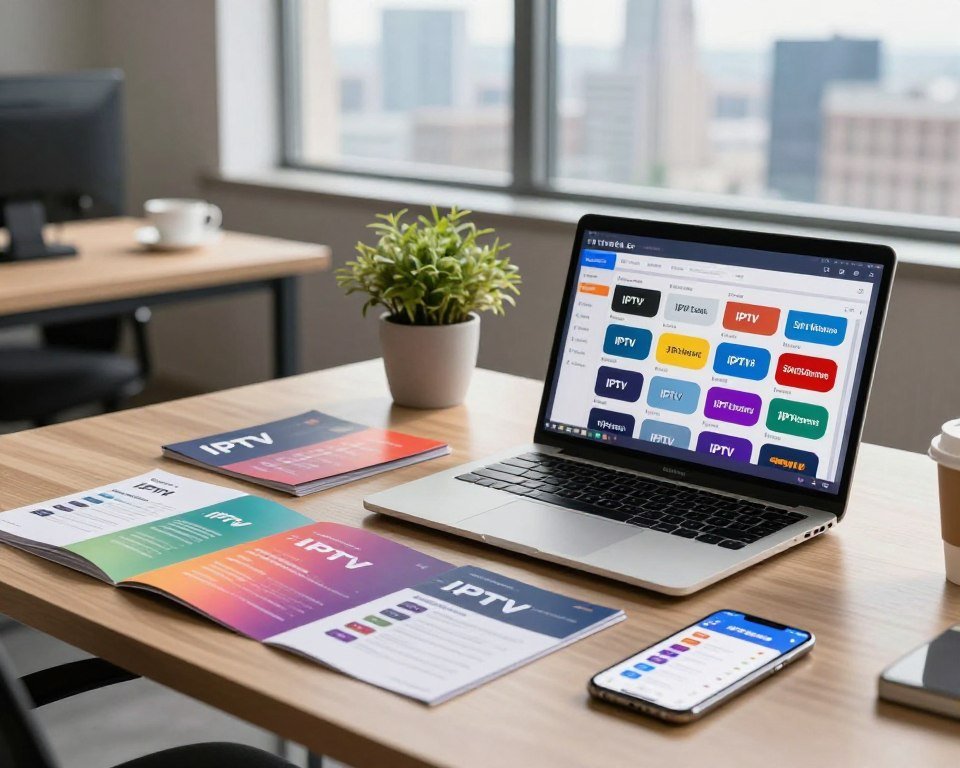 A modern, sleek workspace showcasing various IPTV subscription packages. In the foreground, a laptop is open with a detailed analytical chart on the screen reflecting different IPTV tariffs and packages. Next to it, colorful brochures displaying IPTV offers are neatly arranged, and a smartphone also displaying a comparison app. The middle ground features a stylish desk with a potted plant and a coffee cup, adding a touch of warmth to the technical setup. In the background, a large window reveals a city skyline, filled with soft, natural light streaming in, enhancing the productive atmosphere. The mood is focused and innovative, capturing the essence of analyzing advantageous tariffs in a professional setting. The angle is slightly elevated, providing a clear view of the entire workspace.