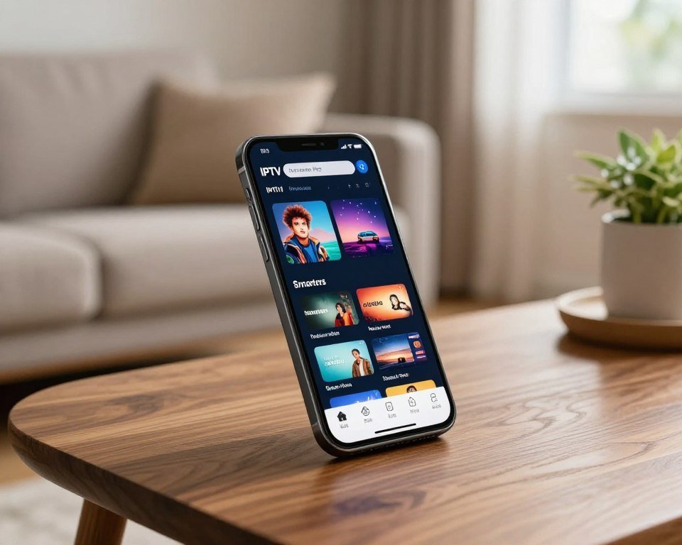 A modern smartphone displaying the IPTV Smarters Pro app on its screen, prominently showcasing the app interface with vivid TV channels and sleek design elements. The smartphone is positioned on a stylish wooden table, with a cozy living room setting in the background that includes a soft sofa and a decorative plant. Natural light filters in through a window, creating a warm and inviting atmosphere in the scene. The angle is slightly above, providing a clear view of both the phone and the background, emphasizing the connection between technology and home entertainment. The overall mood is relaxed and engaging, capturing the ease of watching TV through mobile devices.