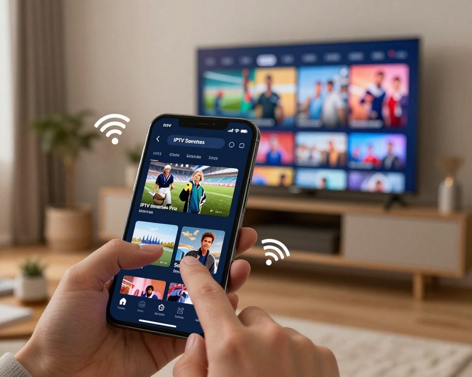 A modern smartphone displaying the IPTV Smarters Pro application, showcasing its user-friendly interface with live streaming options. The foreground includes a hand reaching out to touch the screen, highlighting the act of downloading the app. In the middle, a dynamic tablet also showcases the app, surrounded by symbols of digital connectivity, like Wi-Fi signals and streaming icons. The background features a stylish living room setup with a large television displaying vibrant content related to sports, movies, and news. Soft, warm lighting illuminates the scene, creating an inviting atmosphere. The image conveys a sense of ease and accessibility, emphasizing the straightforward installation process of IPTV services in a contemporary home setting.