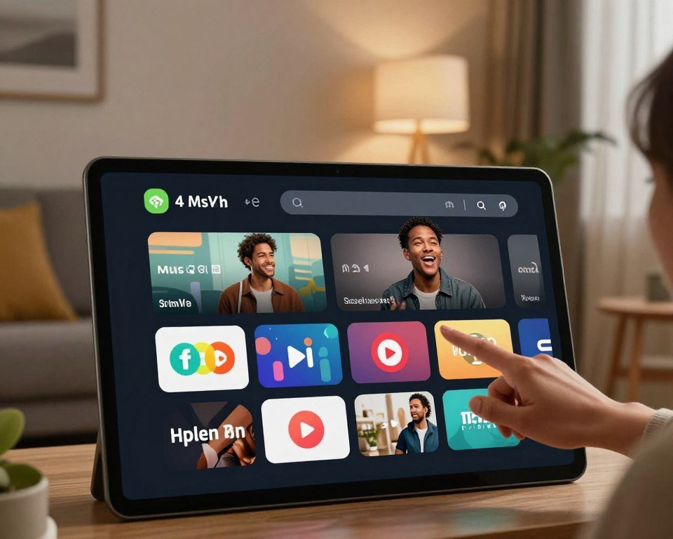 A modern streaming application interface prominently displayed on a sleek, high-resolution screen. In the foreground, show a close-up of the app interface with colorful, intuitive icons representing various streaming options, arranged in a grid format for easy navigation. The middle ground features a user interacting with the app, dressed in smart-casual attire, with a look of enjoyment and engagement. The background is a stylish and cozy living room setting, softly lit with ambient lighting, showcasing a comfortable sofa and stylish decor to enhance the inviting atmosphere. The overall mood is upbeat and user-friendly, emphasizing a seamless and optimized streaming experience.