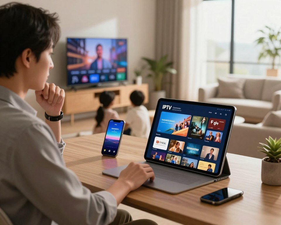 A modern, stylish home office setting representing flexible IPTV subscription options. In the foreground, a sleek desk with a high-quality tablet displaying an IPTV interface showing various channel options. To the left, a person in professional attire is seated, looking at the screen thoughtfully, surrounded by digital devices like a smartphone and smart TV. The middle ground features a cozy couch with a family watching TV, illustrating comfort and entertainment. The background includes a large window with natural light pouring in, brightening the space and creating a warm atmosphere. The overall mood is inviting and dynamic, emphasizing high-quality streaming and user satisfaction. The lighting is soft and warm, with a focus on the devices, using a shallow depth of field to highlight important elements.