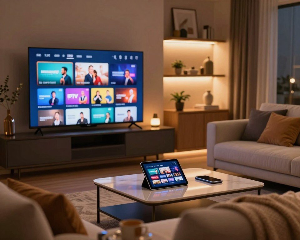 A modern, stylish living room scene in warm, inviting lighting. In the foreground, a sleek, flat-screen TV displays vibrant streaming content, showcasing various premium IPTV channels. A comfortable sofa adorned with cozy pillows faces the TV, suggesting a relaxed viewing atmosphere. In the middle, an elegant coffee table features a tablet and a smartphone, emphasizing multi-device functionality. In the background, shelves filled with decorative items and subtle ambient lighting enhance the cozy ambiance. Use a shallow depth of field to focus on the tech items while slightly blurring the background, creating a sense of intimacy. The overall mood should feel contemporary, sophisticated, and welcoming, capturing the essence of enjoying premium IPTV services at home.