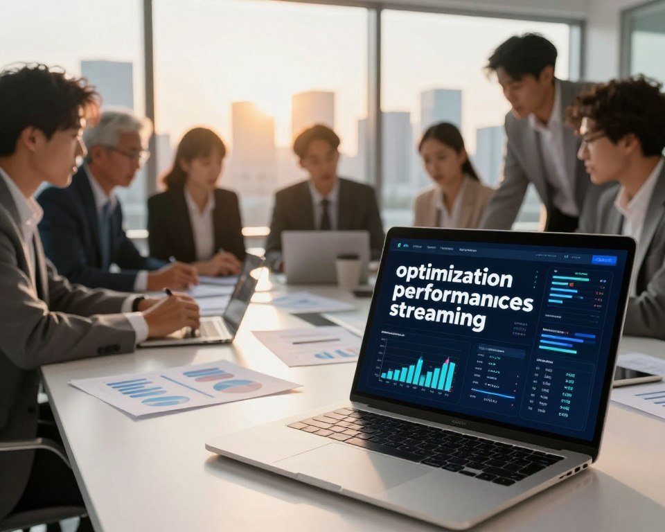 A modern, vibrant digital workspace illustrating "optimisation performances streaming." In the foreground, show a sleek, high-tech laptop displaying streaming performance metrics on a digital dashboard, its screen glowing softly. In the middle ground, include a diverse group of professionals in business attire, focused on collaborative problem-solving around a circular table, with charts and graphs visible on papers scattered before them. The background features a large window revealing a city skyline, bathed in warm, golden afternoon light, creating an inviting atmosphere. The overall mood should convey innovation, teamwork, and progress, capturing the essence of optimizing streaming performance. Use a slightly angled perspective to enhance depth and dynamism in the scene.