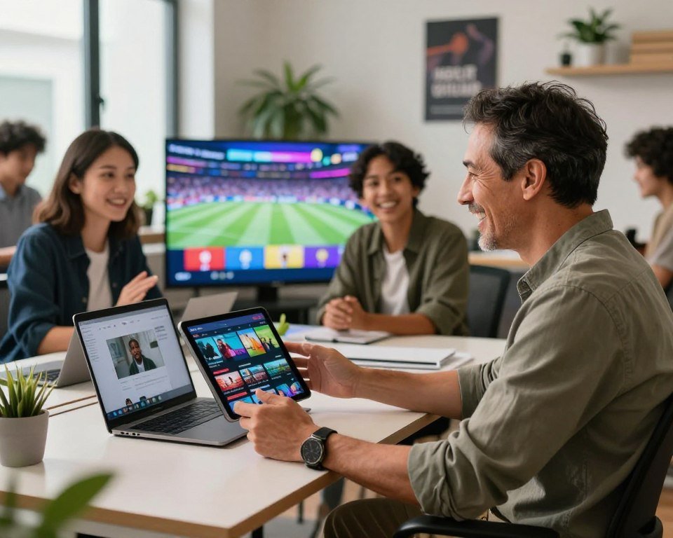 A modern workspace featuring a diverse group of satisfied customers sharing their positive experiences with a streaming service. In the foreground, a middle-aged man in a smart casual outfit sits at a desk, happily discussing his favorite sports channels while holding a tablet displaying vibrant streaming content. Beside him, a young woman in professional attire nods in agreement, her laptop open with a video call interface visible. In the middle ground, a sleek TV screen shows dynamic sports highlights, radiating colorful light that adds to the lively atmosphere. The background showcases a well-lit, contemporary office with plants and motivational posters, creating an inviting and energetic mood. The image is captured in a warm, natural light, with a shallow depth of field to emphasize the subjects and their engaging conversation.