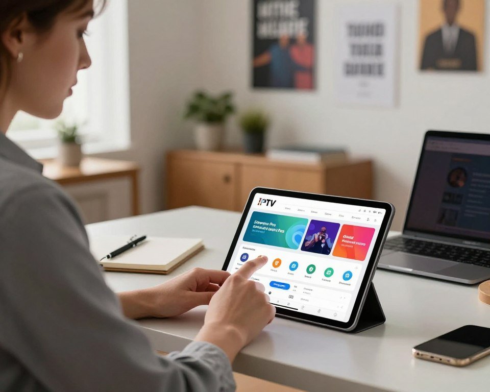 A modern workspace featuring a focused individual in professional attire sitting at a sleek desk, intently interacting with a tablet displaying the IPTV Smarters Pro application interface. The foreground highlights the tablet with a clear view of the app's colorful and user-friendly design, including icons for channels and settings. In the middle, the workspace includes accessories like a notepad, a pen, and a laptop, suggesting an atmosphere of productivity and organization. The background showcases a softly lit room with motivational posters and plants, creating a warm and inviting mood. Soft, natural light from a window enhances the scene, captured with a slight depth of field to emphasize the tablet in the foreground while gently blurring the background elements.