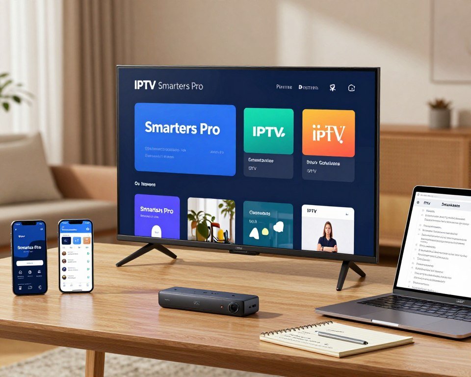 A modern workspace featuring a smart TV displaying the IPTV Smarters Pro interface on the Fire Stick, prominently positioned in the foreground. Surrounding it are various smartphone and tablet devices showing side-by-side comparisons of different IPTV applications, clearly depicting their user interfaces. A sleek laptop sits nearby, with a notepad filled with tips and tricks for using IPTV solutions. The background is a softly lit living room, creating a cozy and inviting atmosphere with warm tones. The scene is designed to convey a sense of support and expertise, emphasizing a tech-savvy lifestyle. The overall mood is professional yet friendly, aimed at illustrating support and comparison among IPTV applications.