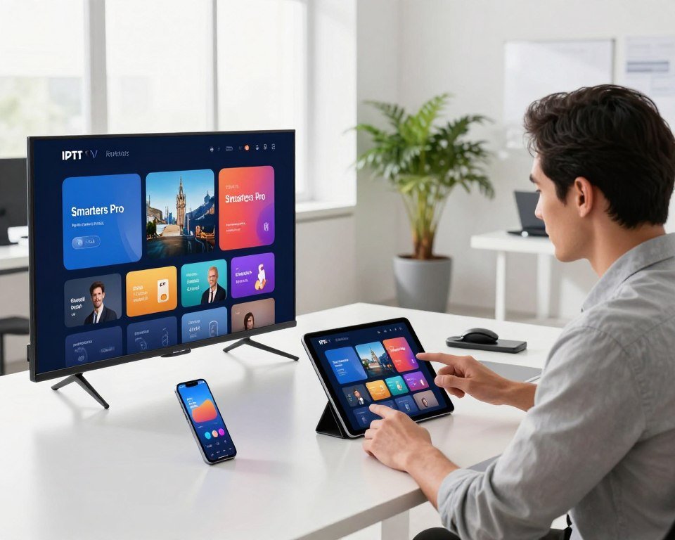 A modern workspace featuring various devices compatible with IPTV Smarters Pro, including a sleek smart TV, a tablet, and a smartphone. The foreground displays a clean desk setup with these devices arranged neatly, showcasing their screens with vivid interface examples. In the middle, a well-dressed professional in business casual attire interacts with the tablet, demonstrating the app's features. The background features a bright, minimalistic office with natural lighting streaming through a window, creating an inviting atmosphere. A potted plant adds a touch of greenery, enhancing the ambiance. Capture the scene from a slightly elevated angle to emphasize the technology and settings, conveying a sense of professionalism and accessibility. Avoid any text or branding in the image.