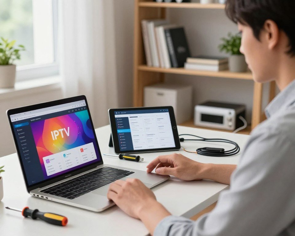 A modern workspace scene depicting a professional setting for IPTV installation configuration. In the foreground, a person in business attire, focused on a laptop displaying an IPTV configuration interface, with vibrant colors on the screen. In the middle ground, a well-organized table with tools like a screwdriver, network cables, and a tablet showing step-by-step installation guides. The background features a neatly arranged shelf with tech books and some decorative plants, providing a calm and welcoming atmosphere. Soft, natural light streams in from a window, illuminating the workspace, creating a productive mood. The angle is slightly tilted to capture both the workspace and the individual’s engaged expression.