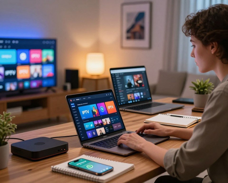 A modern workspace showcasing the configuration of an IPTV subscription. In the foreground, a sleek laptop displaying IPTV software with vibrant interface elements. Surrounding the laptop are various streaming devices, such as a set-top box and a smart TV, each displaying colorful channels. In the middle ground, a professional person in smart casual attire, focused on the computer, surrounded by notepads and a smartphone with WhatsApp open, indicating communication for support. In the background, a softly lit room with a comfortable ambiance, featuring a wall adorned with tech-related art. The overall atmosphere is that of productivity and tech-savviness, with warm lighting creating an inviting environment for learning and configuration.