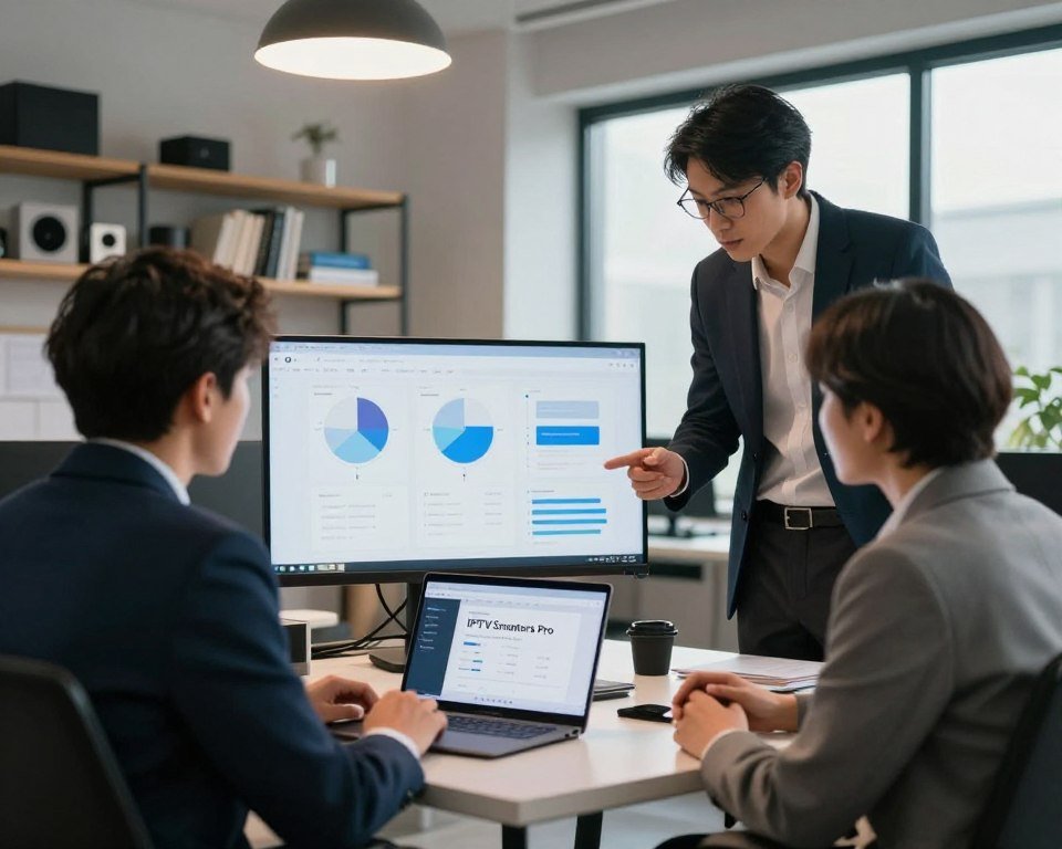 A professional and engaging office environment focused on the "activation assistance technique" for IPTV Smarters Pro. In the foreground, a diverse group of three individuals in business attire, one seated at a desk with a laptop showing the IPTV Smarters Pro interface and the others standing, assisting and discussing. The middle section features detailed charts and processes displayed on a large monitor, emphasizing a collaborative approach. In the background, shelves with technology-related books and devices create a modern tech atmosphere. The lighting is bright and inviting, with a soft glow from overhead lights and natural daylight streaming through a large window, capturing a productive mood. The camera angle is slightly tilted to add depth and emphasize teamwork, creating a sense of innovation and supportive assistance.