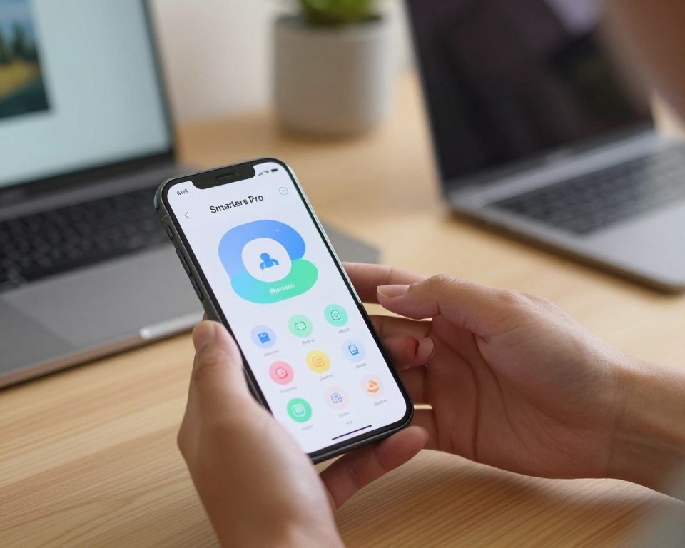 A professional and informative scene depicting the installation guide for the Smarters Pro application. In the foreground, showcase a sleek smartphone displaying the Smarters Pro app interface, with bright icons and a visually appealing design. In the middle, feature a pair of hands gently interacting with the device, demonstrating a step-by-step installation process. The background should be a cozy and modern home setting, with a soft-focus desktop and laptop in view, emphasizing a tech-savvy atmosphere. Use warm, natural lighting to create a welcoming mood, and capture the scene from a slight angle to enhance depth. Ensure the image is composed neatly, conveying clarity and professionalism without any text or overlays.