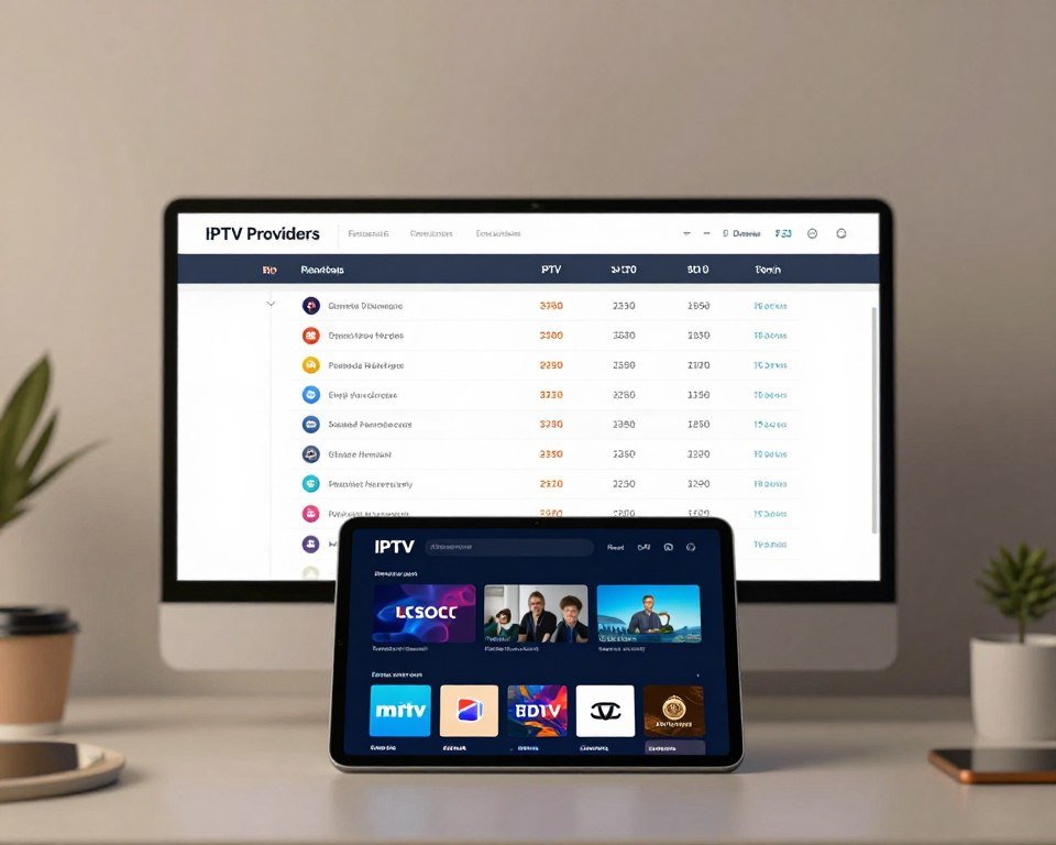 A professional and modern comparison chart of IPTV providers, showcasing the features, pricing, and user interfaces. In the foreground, a sleek tablet displays a user-friendly IPTV interface, surrounded by small, visually appealing icons representing different services. The middle layer features a clean, organized table comparing various IPTV providers with key attributes highlighted. In the background, a stylish and minimalistic office setting enhances the tech-savvy atmosphere, with soft, neutral lighting casting a warm glow. Use a focus lens to create depth, emphasizing the chart while gently blurring the surroundings. The overall mood is informative, professional, and engaging, inviting viewers to explore IPTV options.