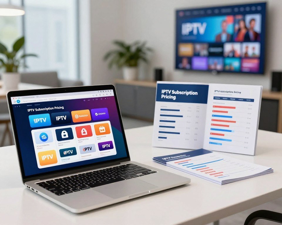 A professional and modern digital setting showcasing "IPTV Subscription Pricing." In the foreground, a sleek laptop displays a vibrant interface with diverse IPTV subscription options laid out visually, each with distinct icons for different packages. In the middle ground, a neatly arranged table featuring brochures and charts illustrating pricing tiers. The background includes a stylish office environment with soft lighting, decorative plants, and a large screen on the wall displaying IPTV content. The atmosphere feels engaging and informative, suggesting accessibility and variety for different budgets. Use a shallow depth of field to focus on the laptop and brochures, creating a sense of clarity and professionalism in the scene.