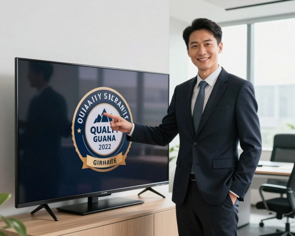 A professional and modern office environment as the background, showcasing a sleek television displaying a quality guarantee emblem. In the foreground, a well-dressed business professional, looking confident and assured, stands next to the television, pointing towards it with a warm smile. The room is well-lit with soft natural light coming through large windows, creating an inviting atmosphere. Subtle reflections of the television screen and a stylish workstation in the background enhance the scene. The composition should use a slightly angled perspective to add depth, ensuring the professionalism and commitment to quality service are clearly conveyed. The overall mood is optimistic and trustworthy, emphasizing customer satisfaction.