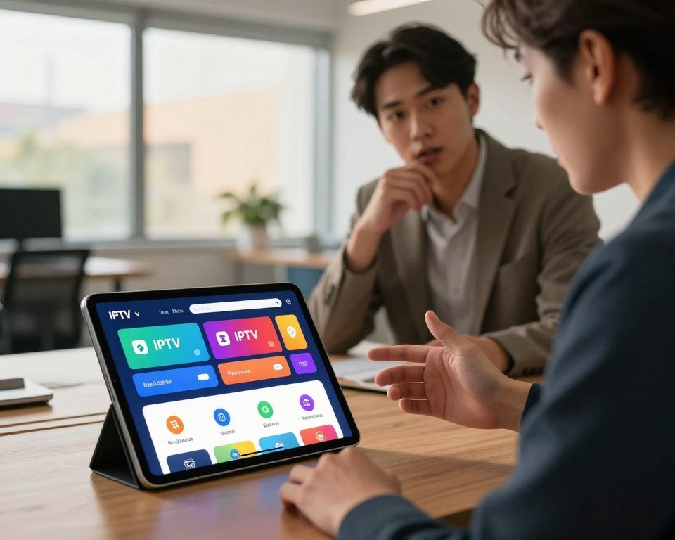 A professional and modern workspace setting showcasing flexibility in subscription options. In the foreground, a sleek tablet displays a vibrant interface of an IPTV subscription service, highlighting various flexible duration options with colorful icons. In the middle, a stylish, well-dressed individual, engaged in a thoughtful discussion, gestures toward the tablet, illustrating the concept of customizable plans. The background features a contemporary office with large windows, filtering in warm natural light, creating an inviting atmosphere. The scene is captured from a slightly elevated angle, emphasizing the tablet's screen and the interaction, with soft focus on the background to draw attention to the subject. The overall mood is optimistic and dynamic, reflecting innovation and adaptability in digital services.