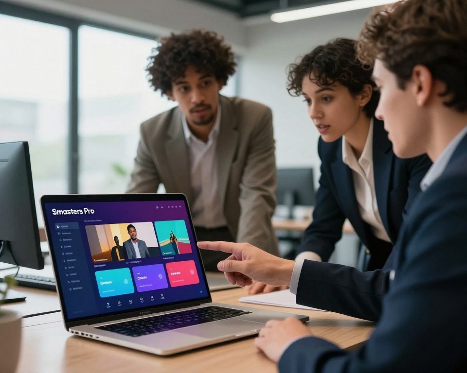 A professional and modern workspace showcasing advanced IPTV streaming technology. In the foreground, depict a sleek user interface of the Smarters Pro application displayed on a high-resolution laptop screen, with vibrant colors and interactive buttons. In the middle, include a diverse group of two business professionals in smart attire, discussing features enthusiastically, pointing at the screen. The background should feature a contemporary office setting with large windows letting in soft natural light, casting subtle shadows. Utilize a slight depth of field to focus on the interaction while softly blurring the office decor. The mood conveys innovation and collaboration, emphasizing a cutting-edge approach to streaming functionalities.
