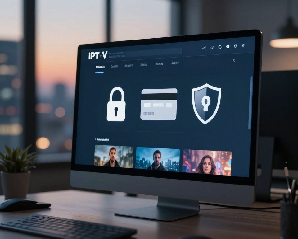 A professional and secure IPTV service concept, featuring a sleek, modern computer setup in the foreground, with a high-resolution screen displaying an IPTV interface. In the middle, illustrate digital payment icons such as a padlock, credit card, and shield, symbolizing secure transactions. The background features a blurred cityscape at dusk, with warm, inviting lighting. Use a shallow depth of field to emphasize the foreground elements, creating a sense of focus on security and professionalism. The atmosphere should convey trust and reliability, with soft shadows and a cool color palette to enhance the modern technology theme.