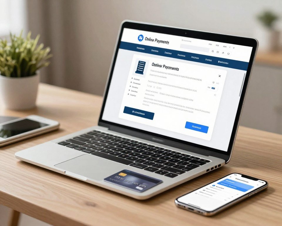 A professional and secure online payment environment, showcasing a modern laptop with a banking interface open on the screen. In the foreground, a sleek and minimalistic credit card lies next to the laptop, while a smartphone displays a digital wallet application. The middle layer features a blurred background with a contemporary home office setting, including a subtle potted plant and well-organized desk items. Soft, warm lighting illuminates the scene, creating a welcoming and trustworthy atmosphere, emphasizing safety in online transactions. The angle should be slightly tilted downwards to focus on the laptop and payment methods, reflecting modern technology's role in secure financial operations. The mood conveys professionalism and reliability without distracting elements.